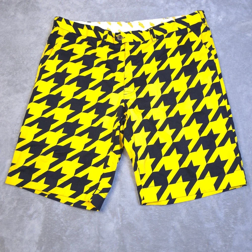 Loudmouth Golf Shorts Mens 42 Yellow Black Houndstooth Pattern Statement Preppy